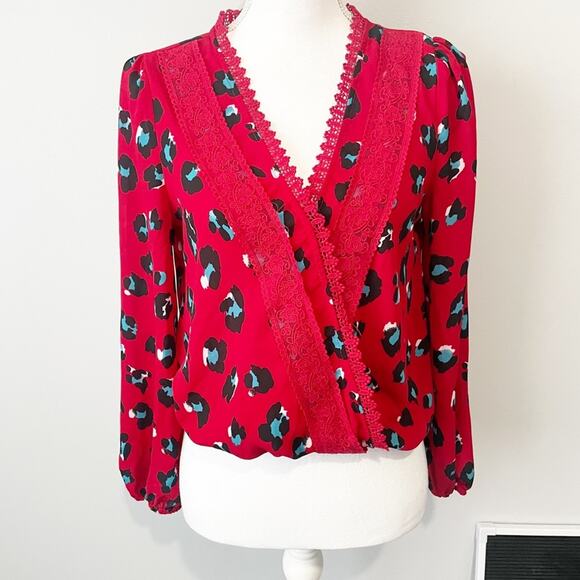 Francescas mi ami red leopard embroidered blouse top surplice neck small NWT - Picture 1 of 9